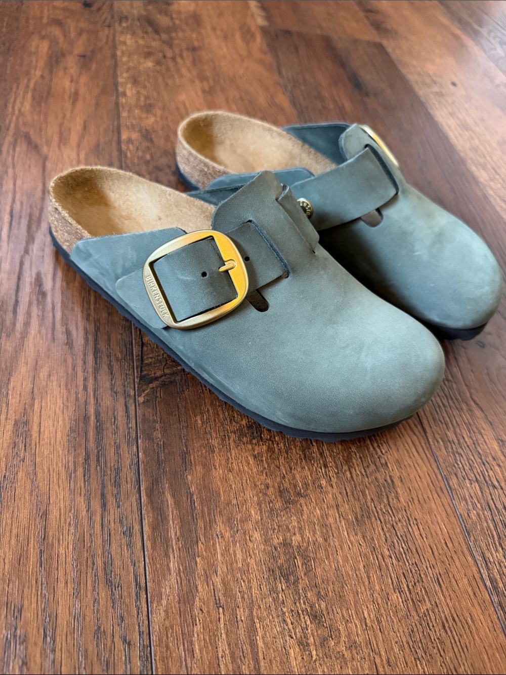 Birkenstock Olive Green Suede Boston Clogs Gold Big Buckle size 36
